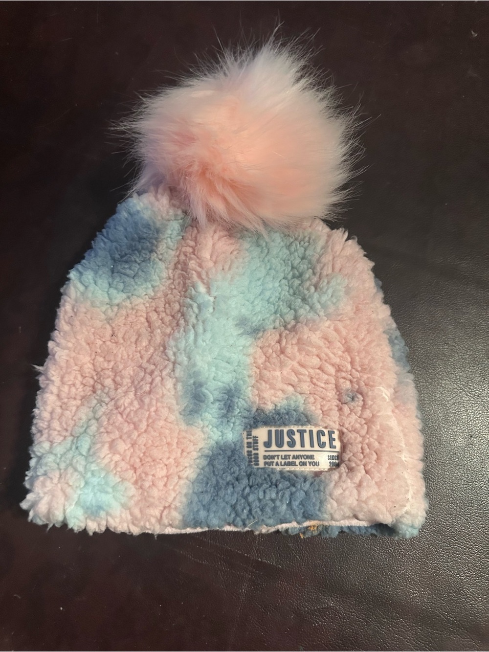 Justice Pink & Light Blue Faux Fur Pom Sherpa Beanie